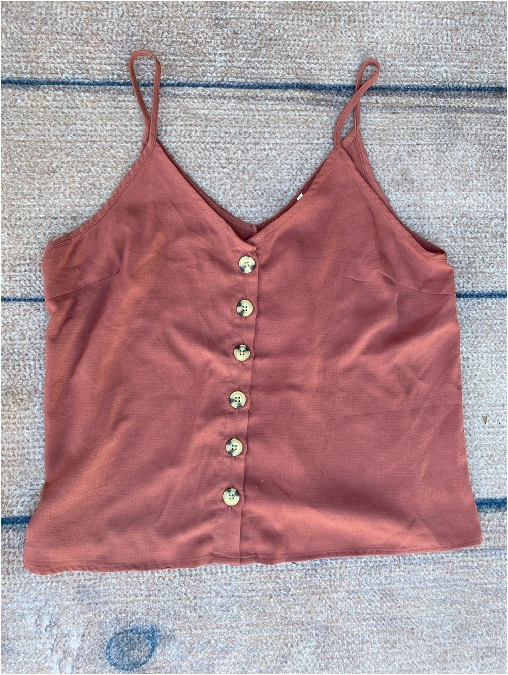 Paper Crane minimalist button front earthy rust spaghetti strap camisole large.
